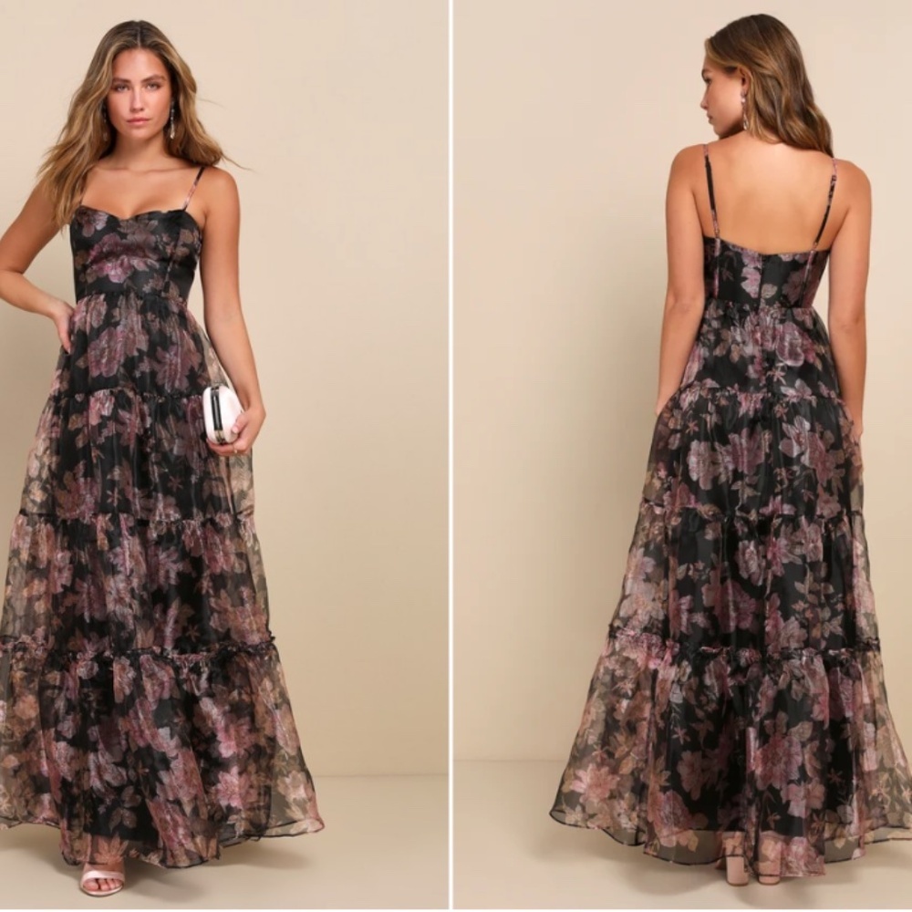 Lulu's Black Floral Tiered Maxi Dress with Pink & Mauve Accents - Picture 4 of 4